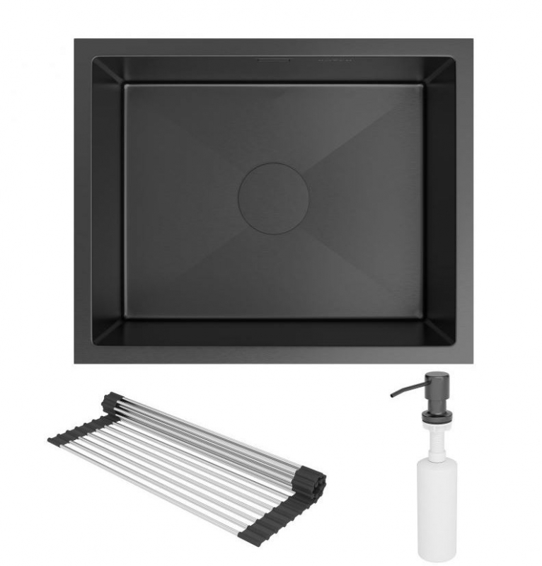 Кухонная мойка Roxen Uno  PVD (графит) под столешницу с ролл-матом и дозатором