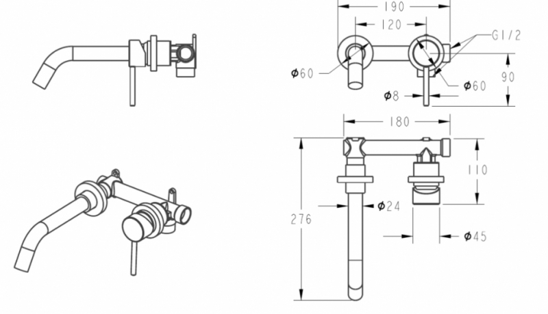 Смеситель встраиваемый для раковины Grocenberg Графит