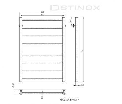 Полотенцесушитель водяной TOSCANA 500x800 в цвете графит с комплектом подключения (нижнее 1 дюйм)