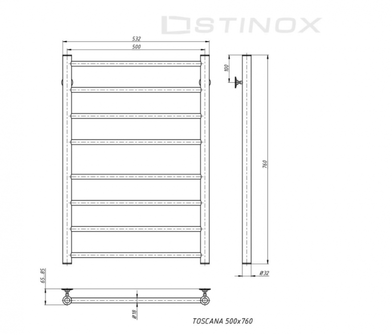 Полотенцесушитель водяной TOSCANA 500x800 в цвете графит с комплектом подключения (нижнее 1 дюйм)