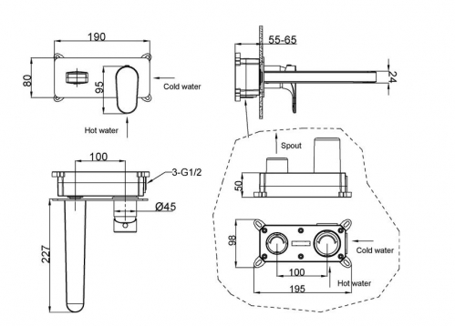 Смеситель скрытого монтажа для умывальника Boheme Spectre брашированное золото