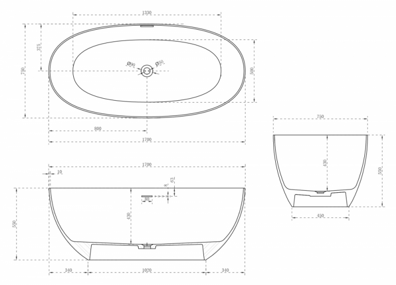 Ванна из искусственного камня ABBER Stein матовая 170*75