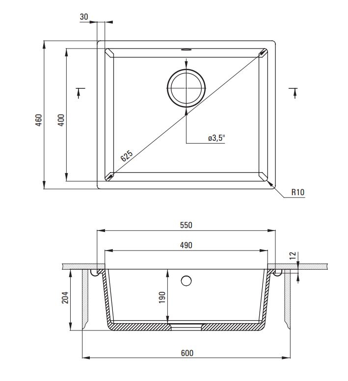 Deante Corda черный – мойка 1 чаша, 550*460*190 мм + сифон
