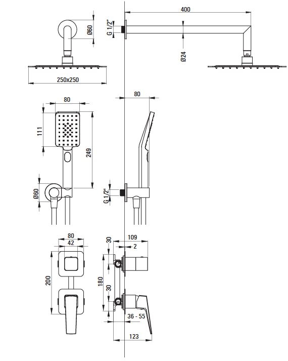 Душевая система скрытого монтажа Deante Blur, 2 режима, графит