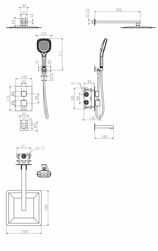 Душевая система скрытого монтажа Grocenberg  с термостатом  в цвете нержавеющая сталь