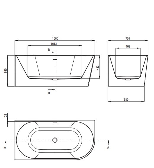 DENTE SILIA Акриловая ванна, угловой/самостоятельный, левая - 150 см