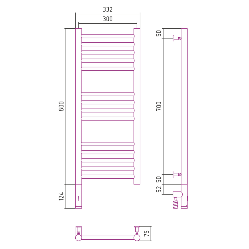 Полотенцесушитель электрический Сунержа Богема 3.0 800х300