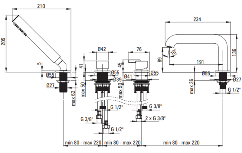 Deante Silia Bianco Смеситель для ванны врезной на 4 отверстия, белый