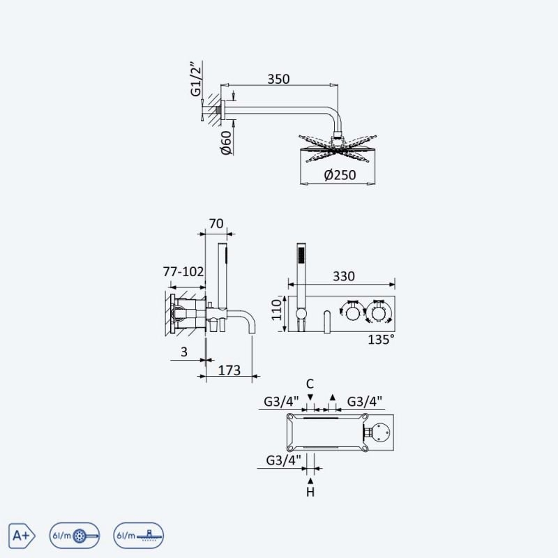 Душевая система Bruma Elo  встраиваемая, термостат, на 3 режима, с внутренней частью