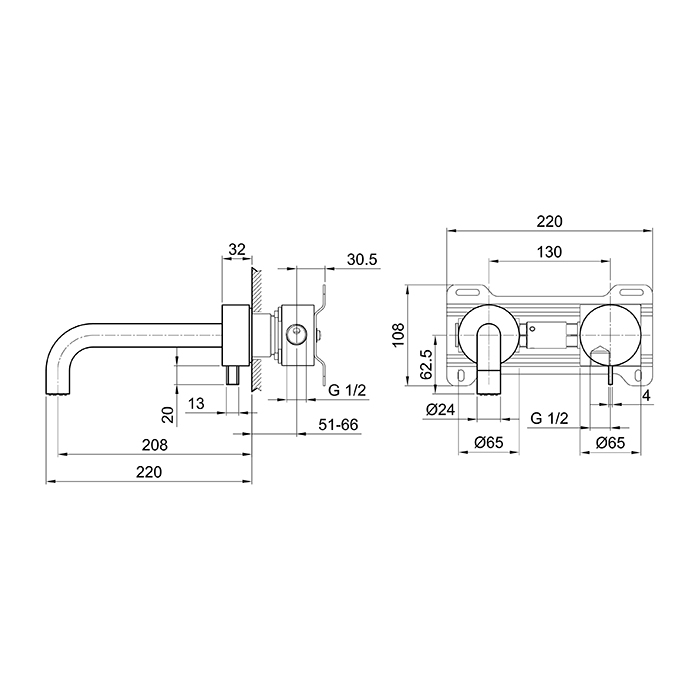Fantini AF/21 Смеситель для раковины, настенный, излив: 208 мм, цвет: Matt Gun Metal PVD (black)