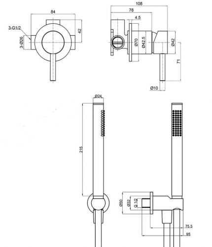Душевая система AQUAme Siena Slim 002, встраиваемая, на 2 режима, с внутренней частью, без верхнего душа, нержавеющая сталь