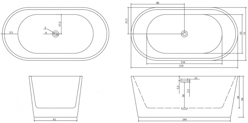 Ванна акриловая CeruttiSpa RESIA160 160x75 белый глянец