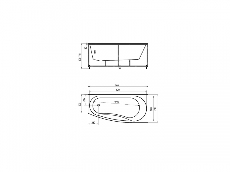 Акриловая асимметричная ванна Aquatek Пандора 160х75 с каркасом в комплекте