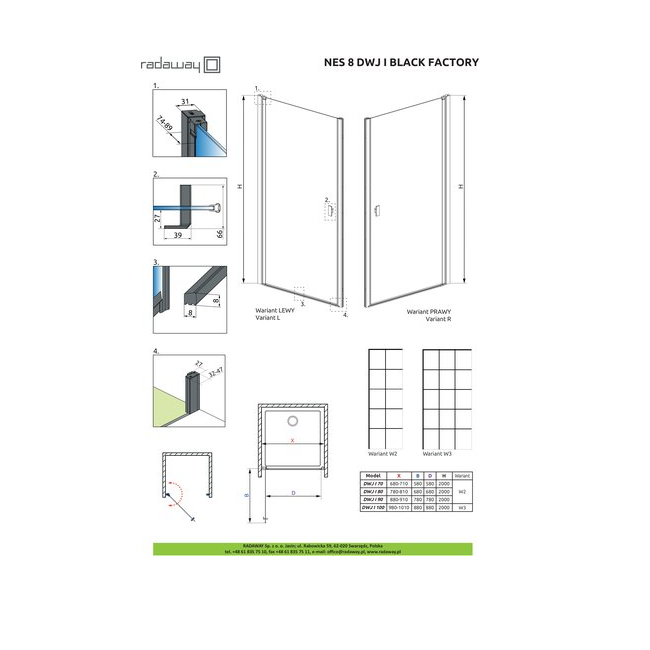 Душевая дверь Radaway NES 8 Black DWJ I 70 Right Factory 70x200 стекло прозрачное (factory), профиль черный