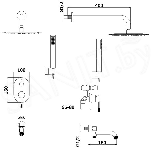 Душевая система Vieir скрытого монтажа, золото брашированное