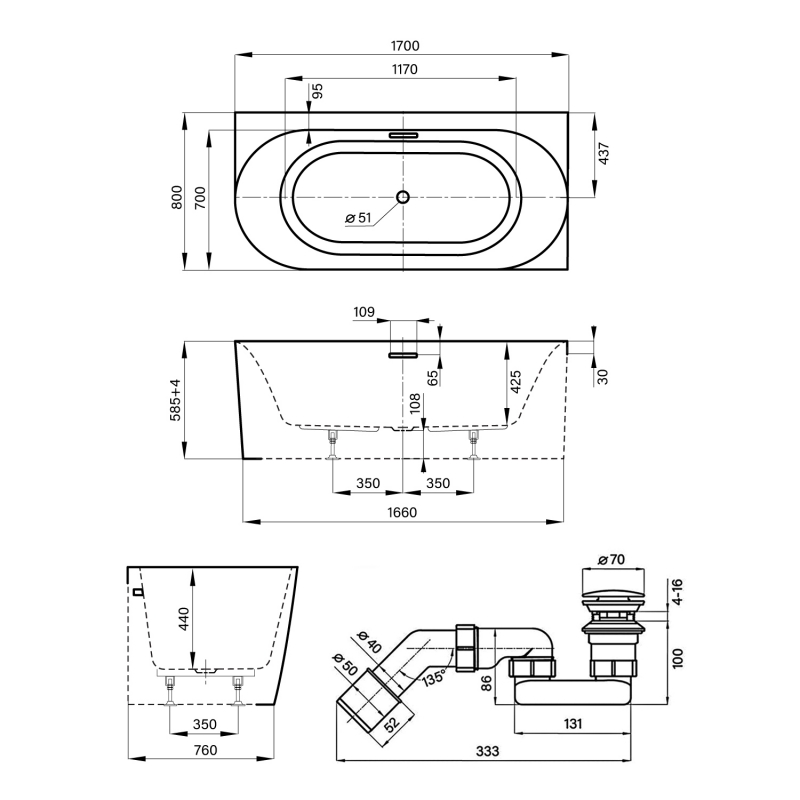 Акриловая ванна 170*80 в наборе 4 в 1 Wellsee Collaro слив-перелив глянцевый белый