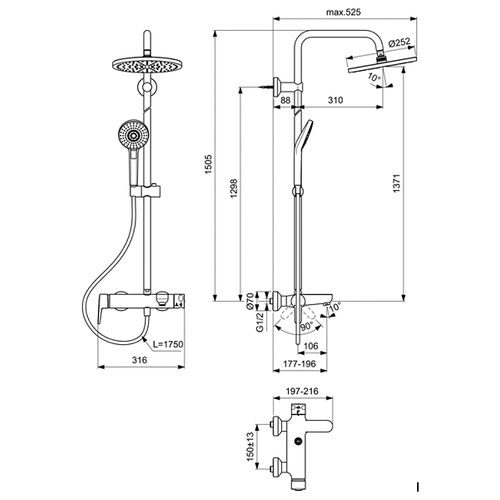 Душевая система Ideal Standard Idealrain Eco Evo с настенным смесителем для душа хром