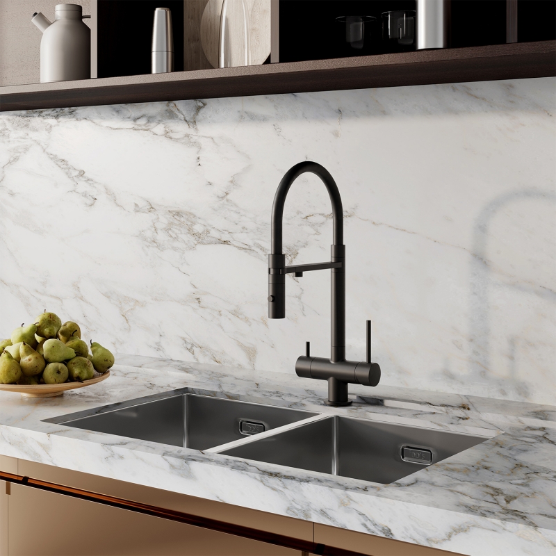 Смеситель для кухни с фильтром и гибким изливом, черный матовый, Ace, IDDIS