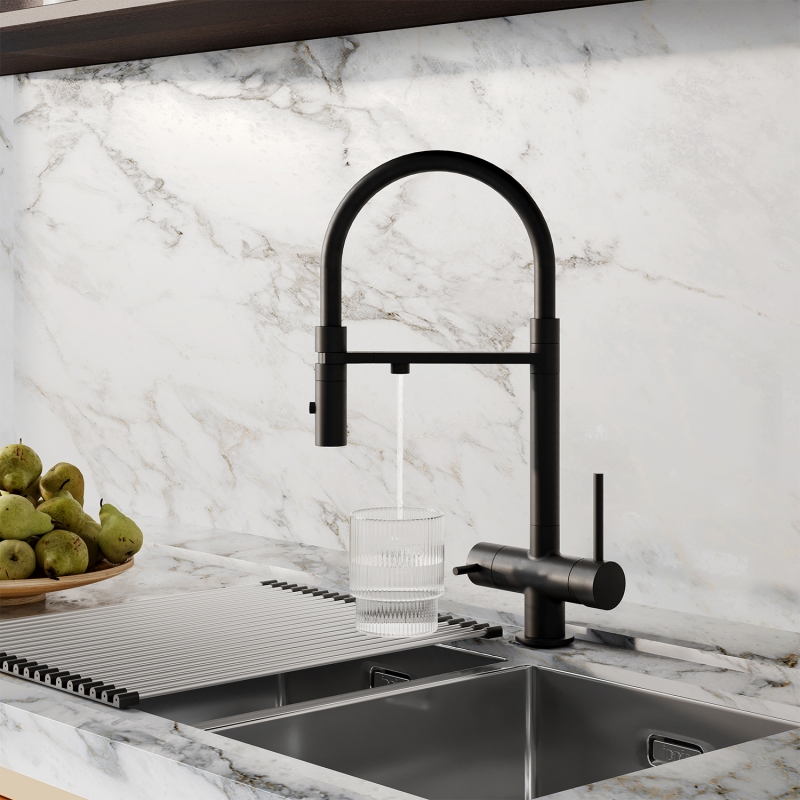 Смеситель для кухни с фильтром и гибким изливом, черный матовый, Ace, IDDIS