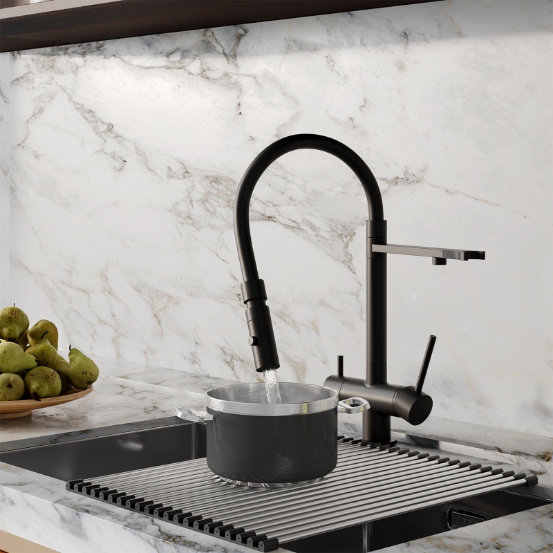 Смеситель для кухни с фильтром и гибким изливом, черный матовый, Ace, IDDIS