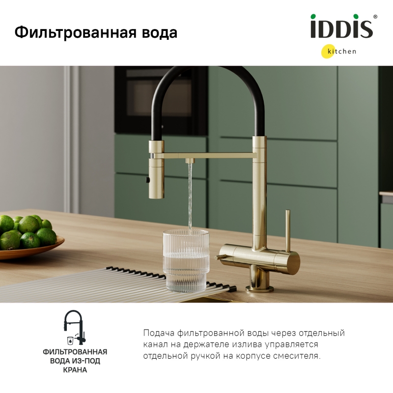    Ace Смеситель для кухни с фильтром и гибким изливом, матовое золото, Ace, IDDIS