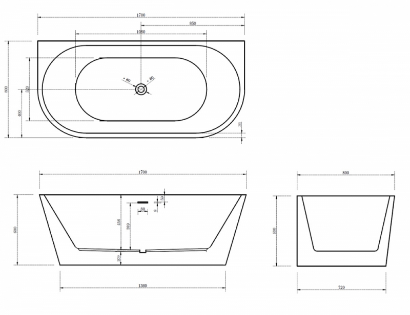 Акриловая ванна ABBER пристенная
