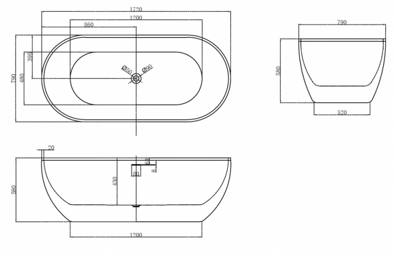 Акриловая ванна ABBER 172*79