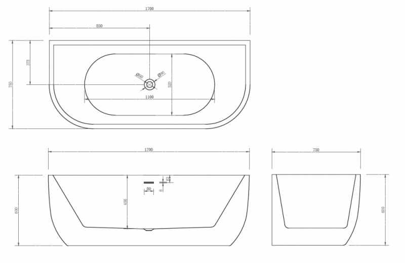 Акриловая ванна ABBER  пристенная белая 170*75