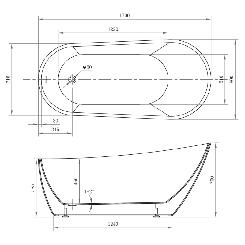 Акриловая ванна ABBER белая 170*71
