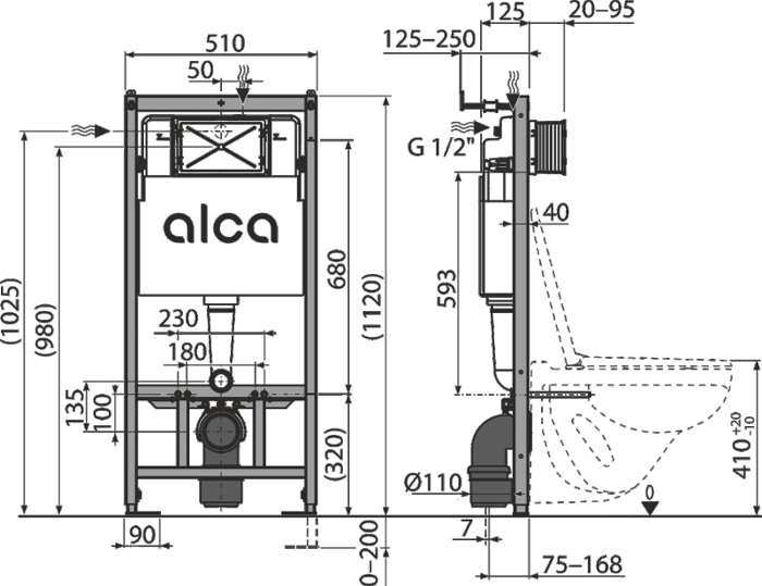 Комплект инсталляции Alca AM101/1120 с дозатором для таблеток + Кнопка Thin M57x, толщина 5 мм