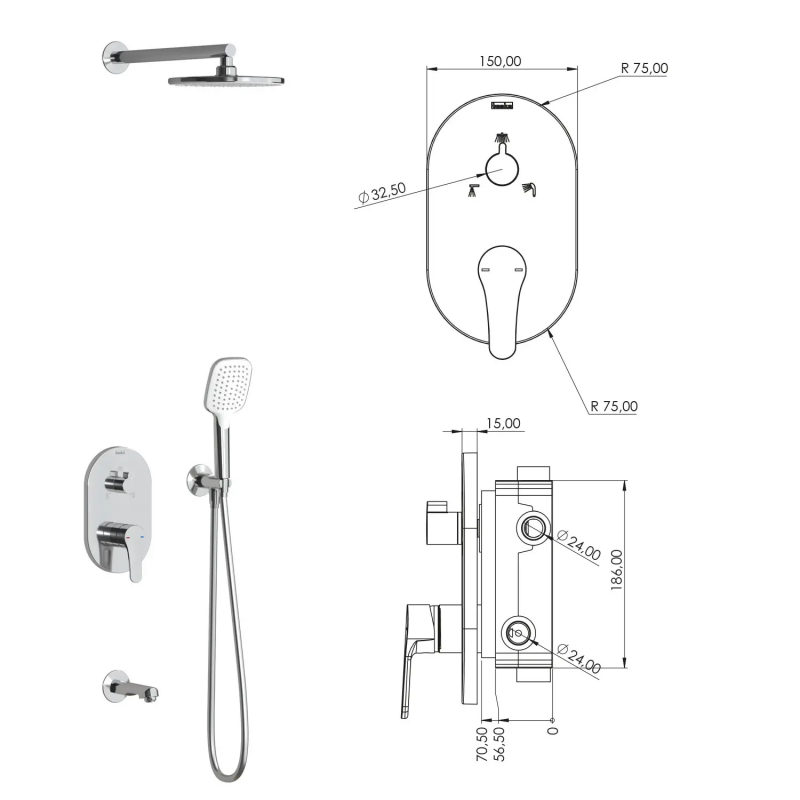 Teska Amos Душевая система скрытого монтажа 3-х функциональная, круглая, хром
