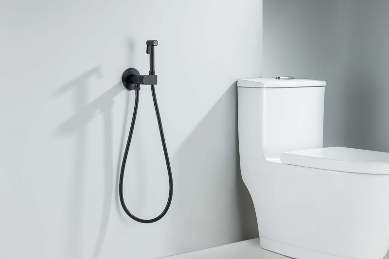 Комплект для гигиенического душа встроенный (смеситель с прогрессивным картриджем + гигиеническая лейка + шланг) AQUATEK, матовый черный  Оберон