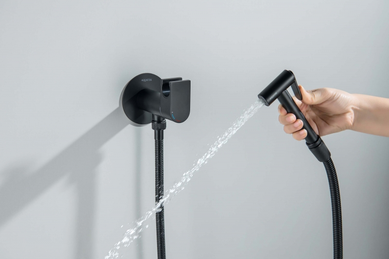 Комплект для гигиенического душа встроенный (смеситель с прогрессивным картриджем + гигиеническая лейка + шланг) AQUATEK, матовый черный  Оберон