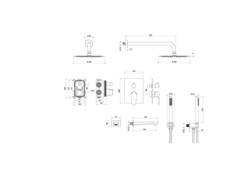 Set 4 в 1 душевой комплект AQUATEK шлиф.золото  Оберон