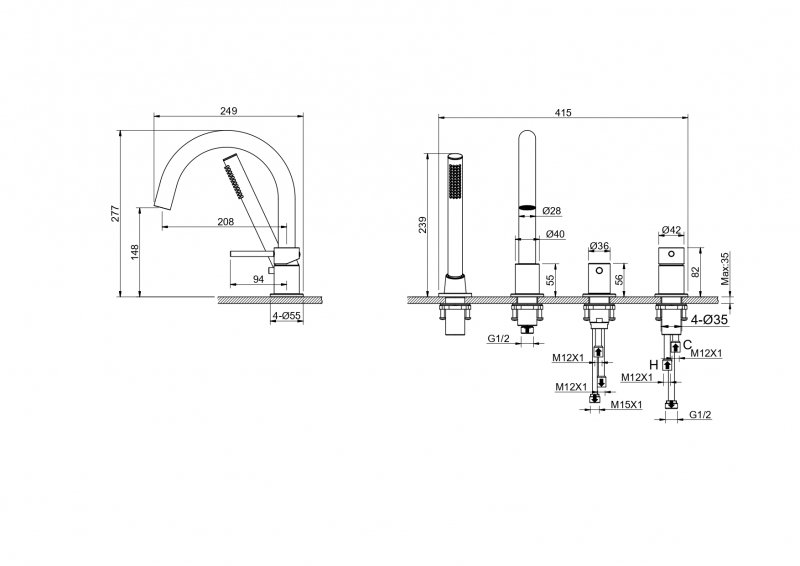 Смеситель на борт ванны на 4 отв. AQUATEK, шлиф.золото  Европа