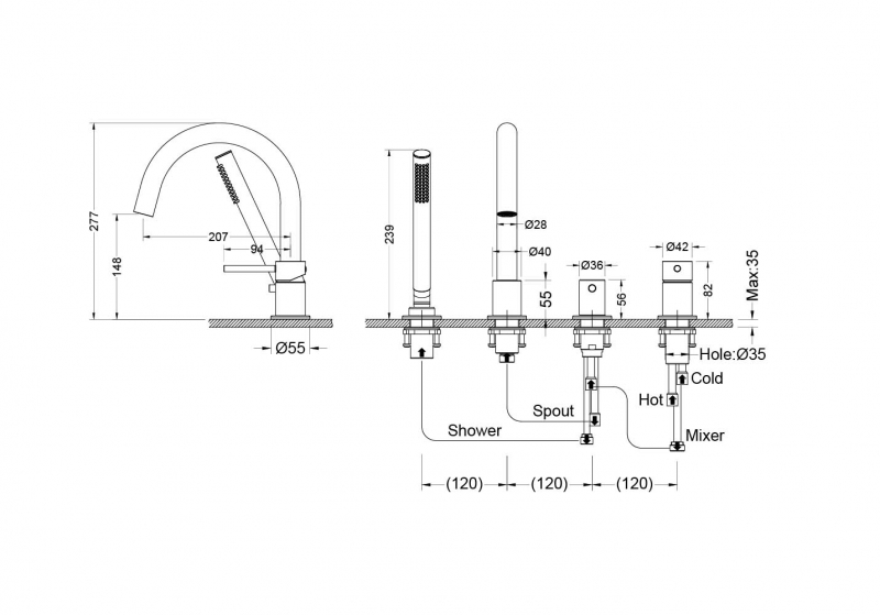 Смеситель на борт ванны на 4 отв. AQUATEK, шлиф.золото  Европа