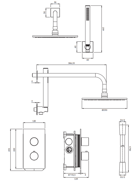 Душевая система скрытого монтажа Omnires Contour термостатическая брашированное золото