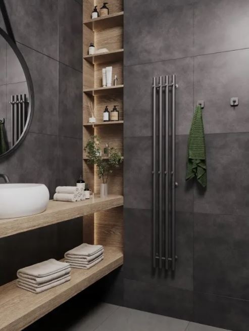 Полотенцесушитель электрический Маргроид Ferrum Inaro 4 СНШ 150×6×18 графит, скрытого монтажа, таймер справа (8 крючков)