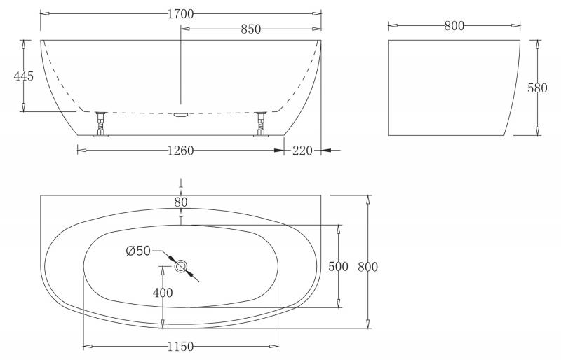 Акриловая ванна Belbagno  170х80, без перелива с сифоном хром