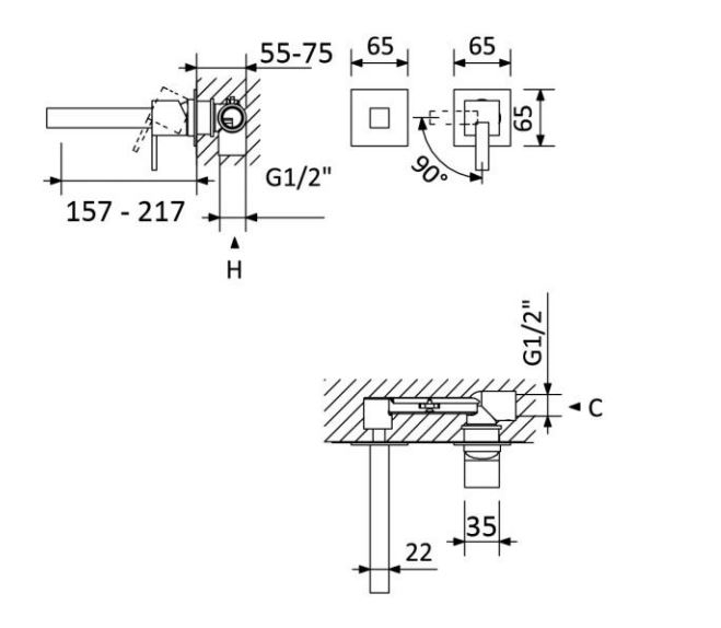 Смеситель для раковины на 2 отверстия настенный, длина излива 230мм Escudo  Gunmetal