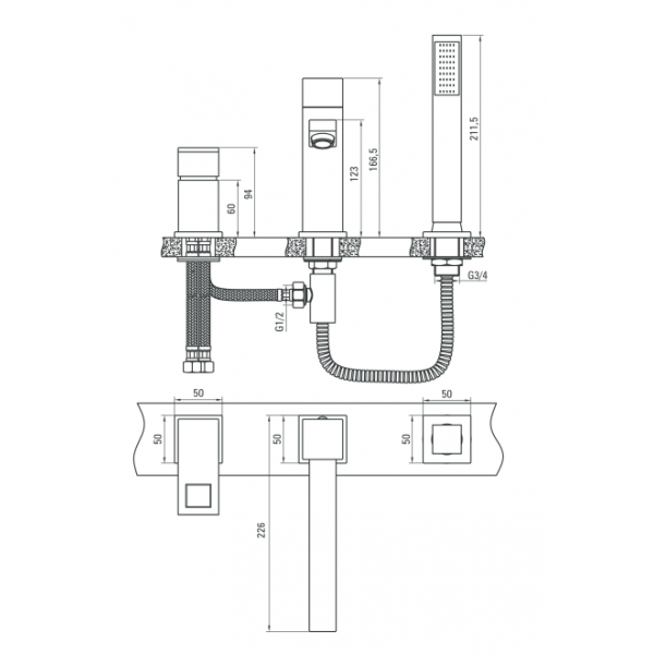 Смеситель для ванной DEANTE ANEMON врезной на 3 отверстия, черный-хром