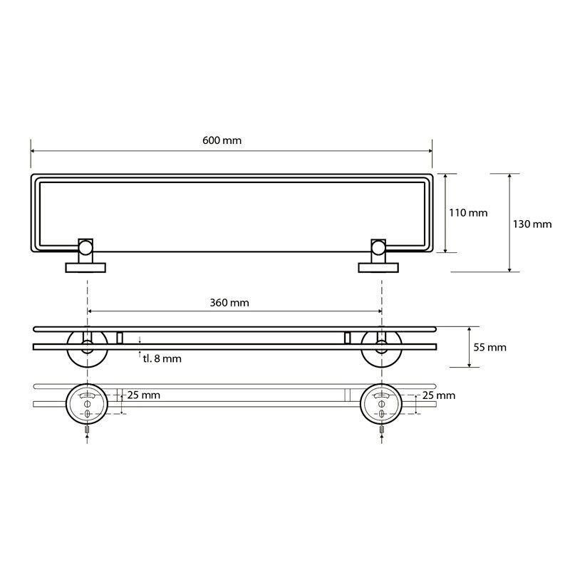 полка Bemeta из стекла под зеркало 600 мм с ограждением хром