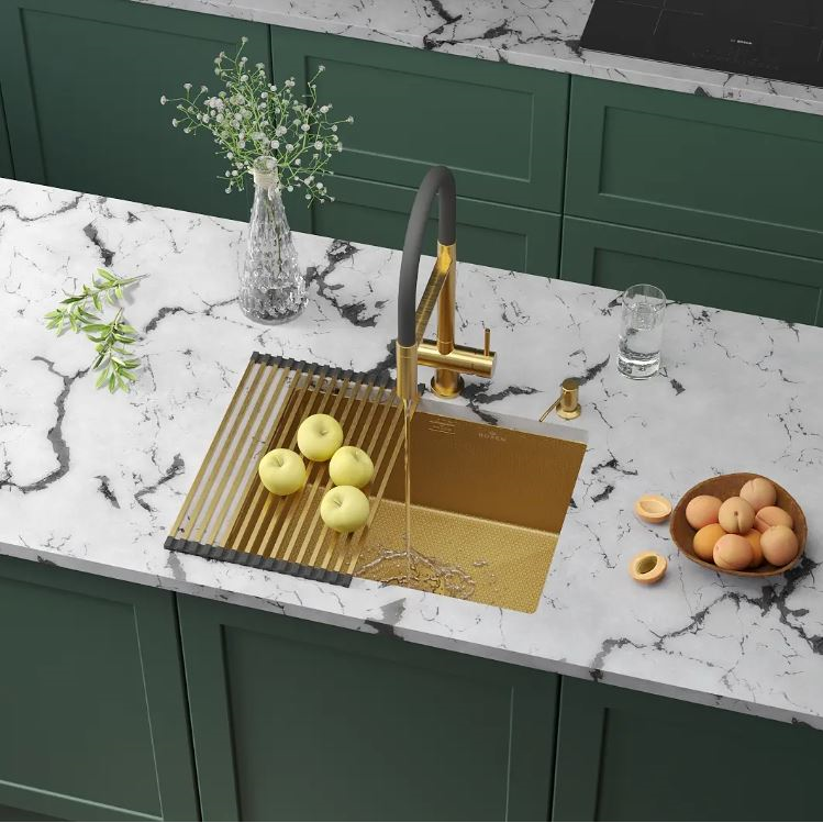 Кухонная мойка Roxen Uno 54*44 под столешницу с ролл-матом и дозатором, золото брашированное 