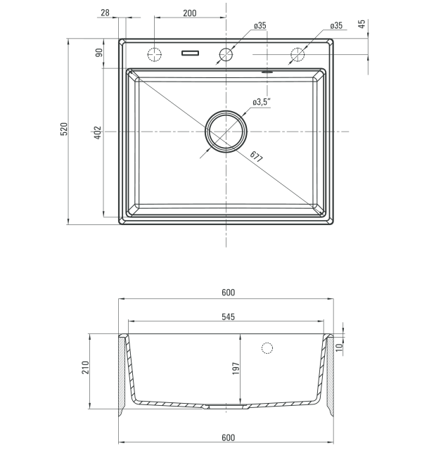 Deante Andante черный- мойка 1 чаша, 600х520х197 мм + сифон SPACE SAVER
