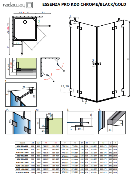 Душевой уголок Radaway Essenza Pro KDD, стекло прозрачное, фурнитура золото