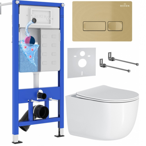 Комплект 6 в 1 Roxen StounFix Dual Fresh  клавиша смыва Caspia золото матовое + унитаз Vortex 