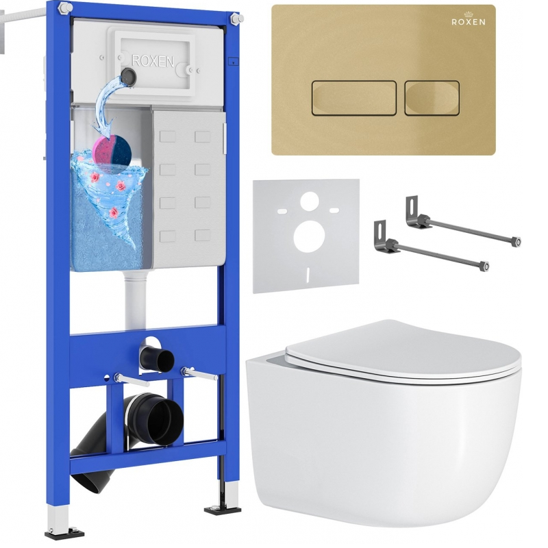 Комплект 6 в 1 Roxen StounFix Dual Fresh  клавиша смыва Caspia золото матовое + унитаз Vortex 