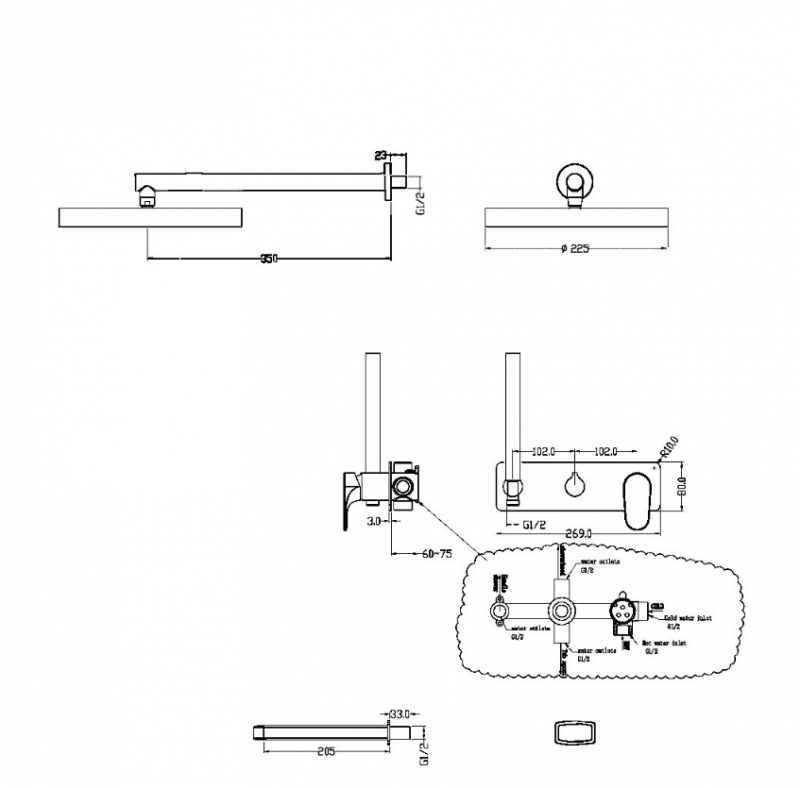 Смеситель встроенный для душа с верхней лейкой и изливом Boheme SPECTRE Gun Metal графит