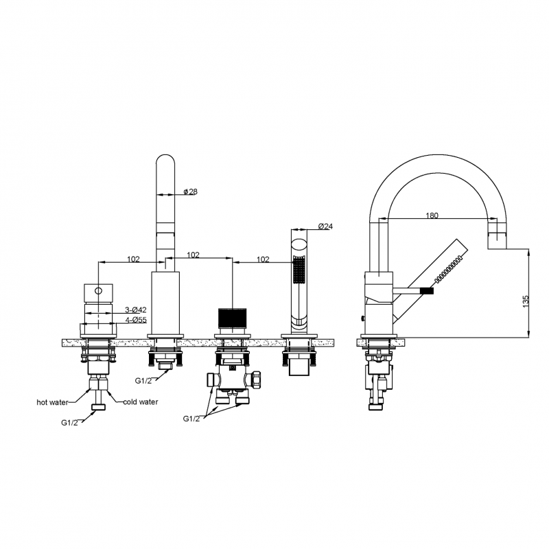 Смеситель врезной на борт ванны UNO 
