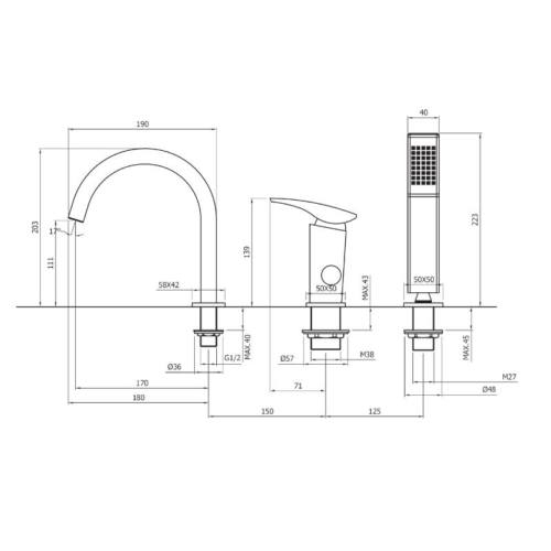 Смеситель для ванны Deante Hiacynt врезной на 3 отверстия, хром